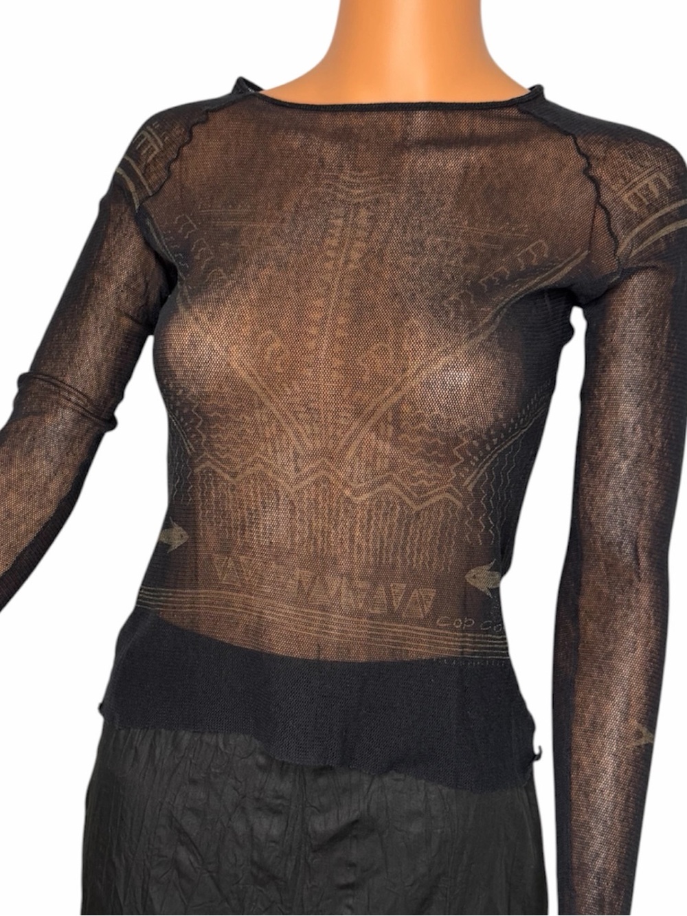 Vintage Cop Copine Y2K Sheer Black Mesh Tribal Tattoo Print Fish Long Sleeve Top